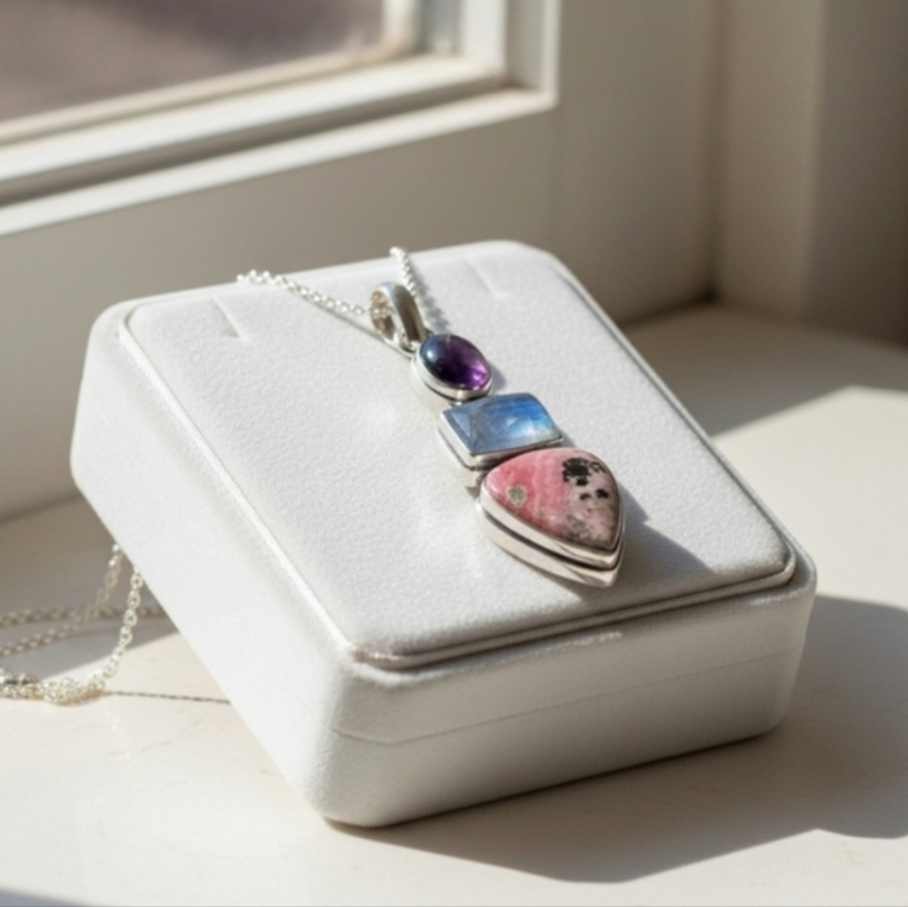 Rhodonite, Rainbow Moonstone, Amethyst Gemstone Long 2.5” Boho Silver Pendant - Picture 10 of 11